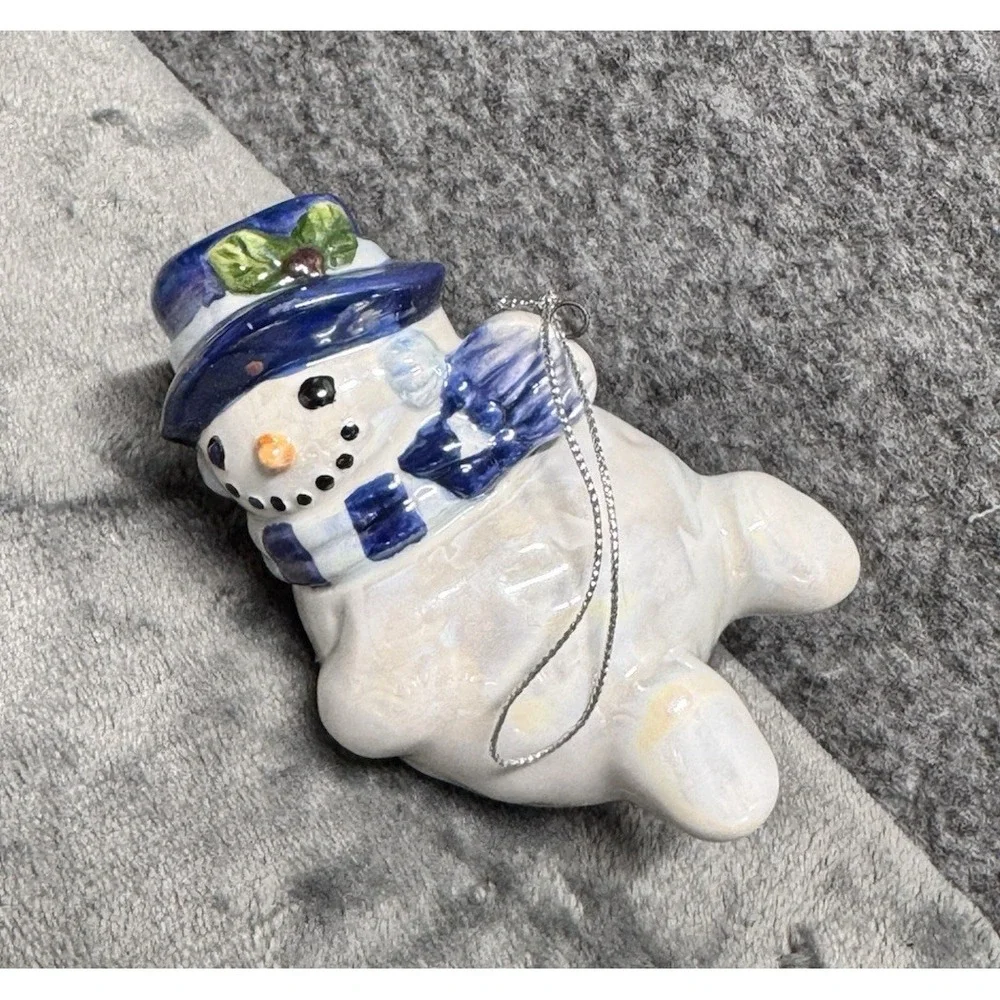 Snowman Ornaments Set of 3 Ceramic Hand painted Iridescent White w/ blue‎ Hat